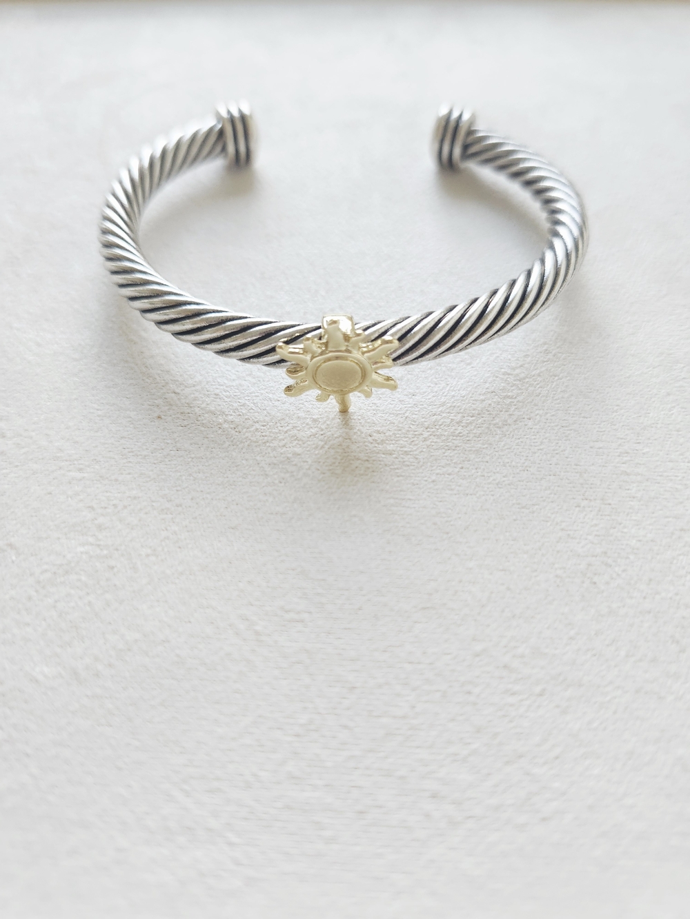 Silver Tone Twisted Cable Cuff Bracelet Gold Tone Sun Accent Open Bangle